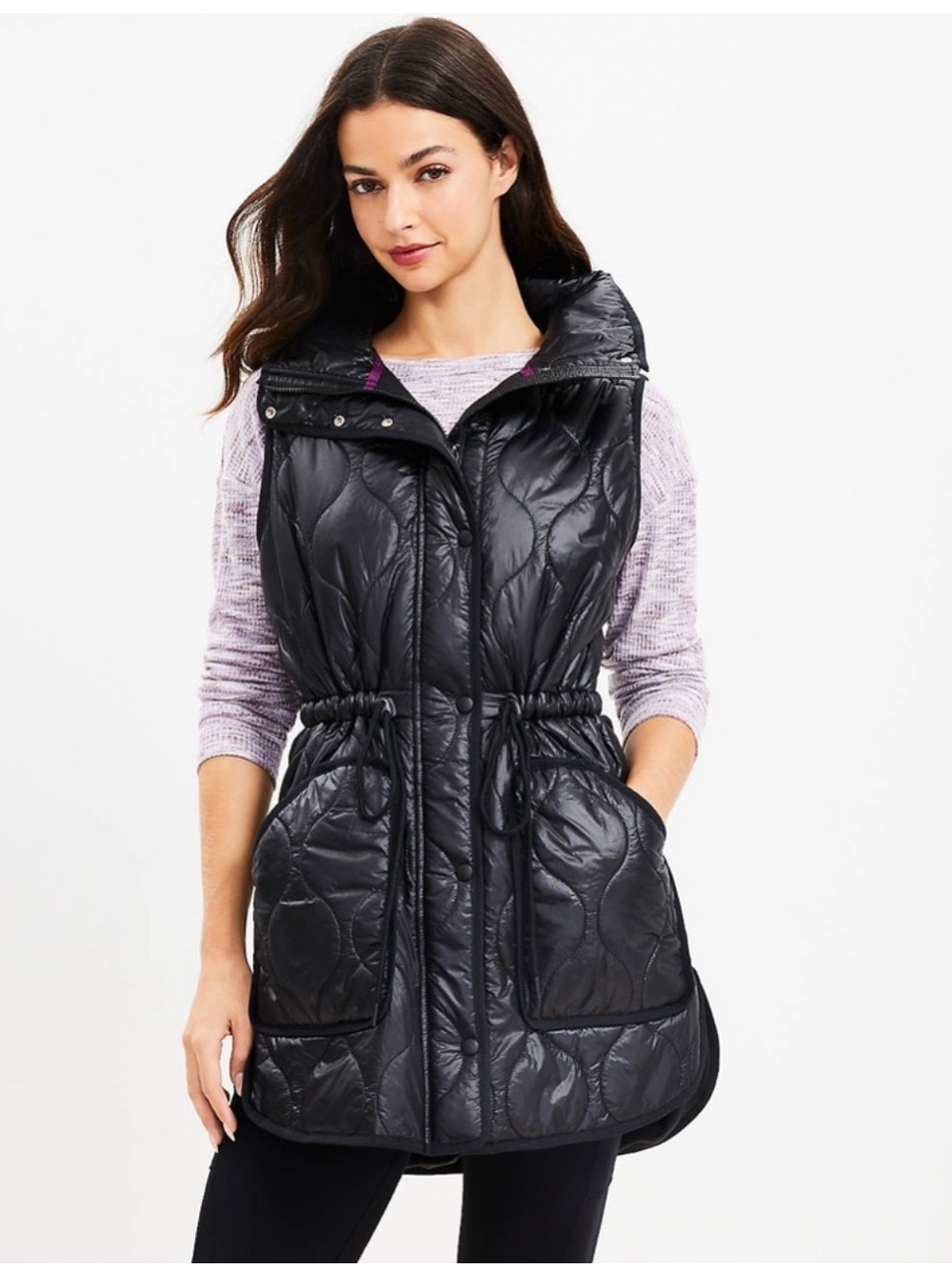 Lou & Grey Long Women's Black Quilted Vest With Pockets